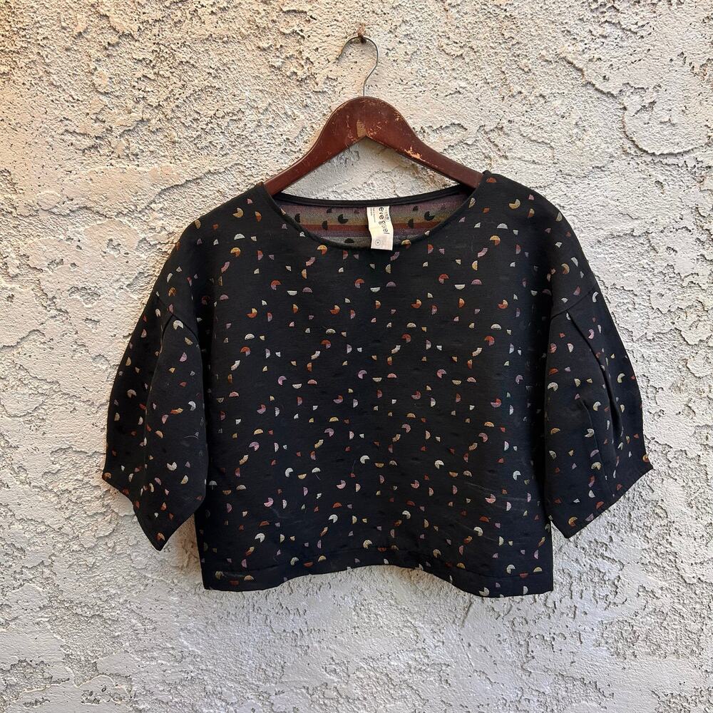 Eve Gravel Black Geometric Jacquard Puff Sleeve Crop Top Small - Picture 2 of 7